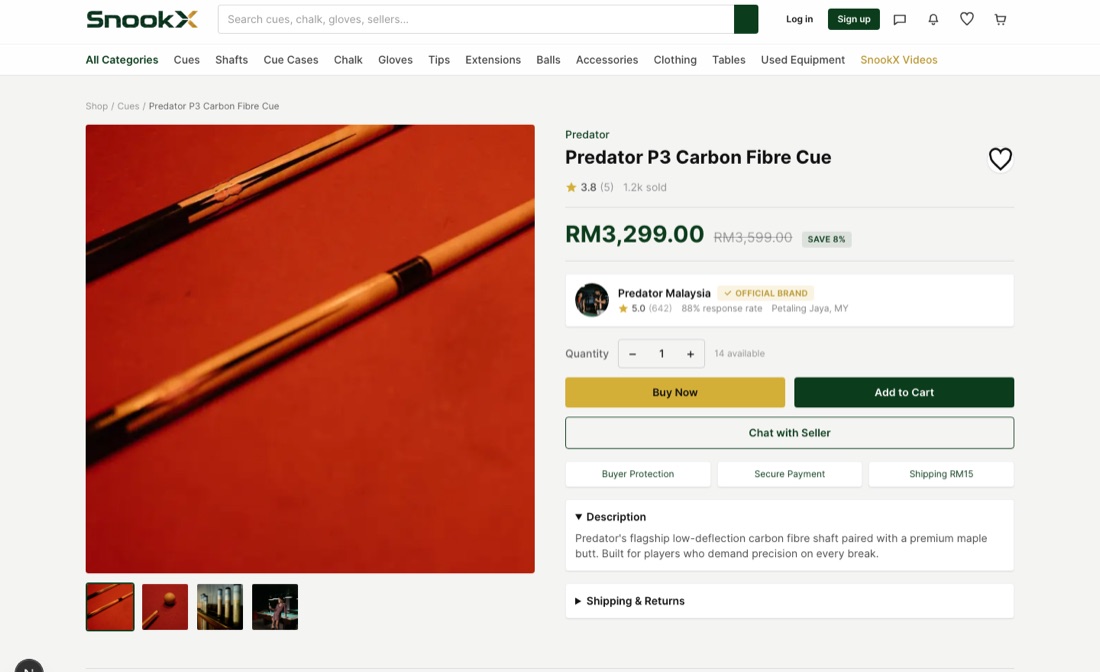 SnookX product page with price, seller and buyer protection