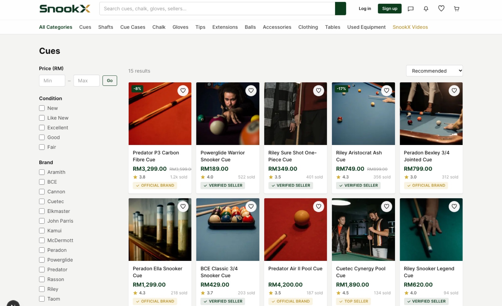 SnookX marketplace listing of snooker cues with filters and seller badges