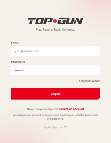 Top Gun Sports mobile app login screen
